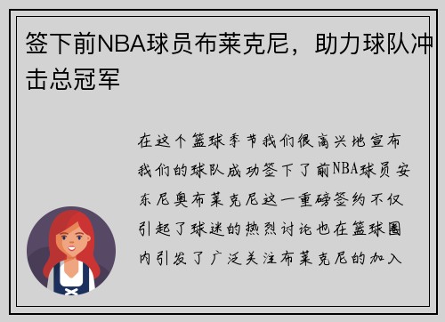 签下前NBA球员布莱克尼，助力球队冲击总冠军